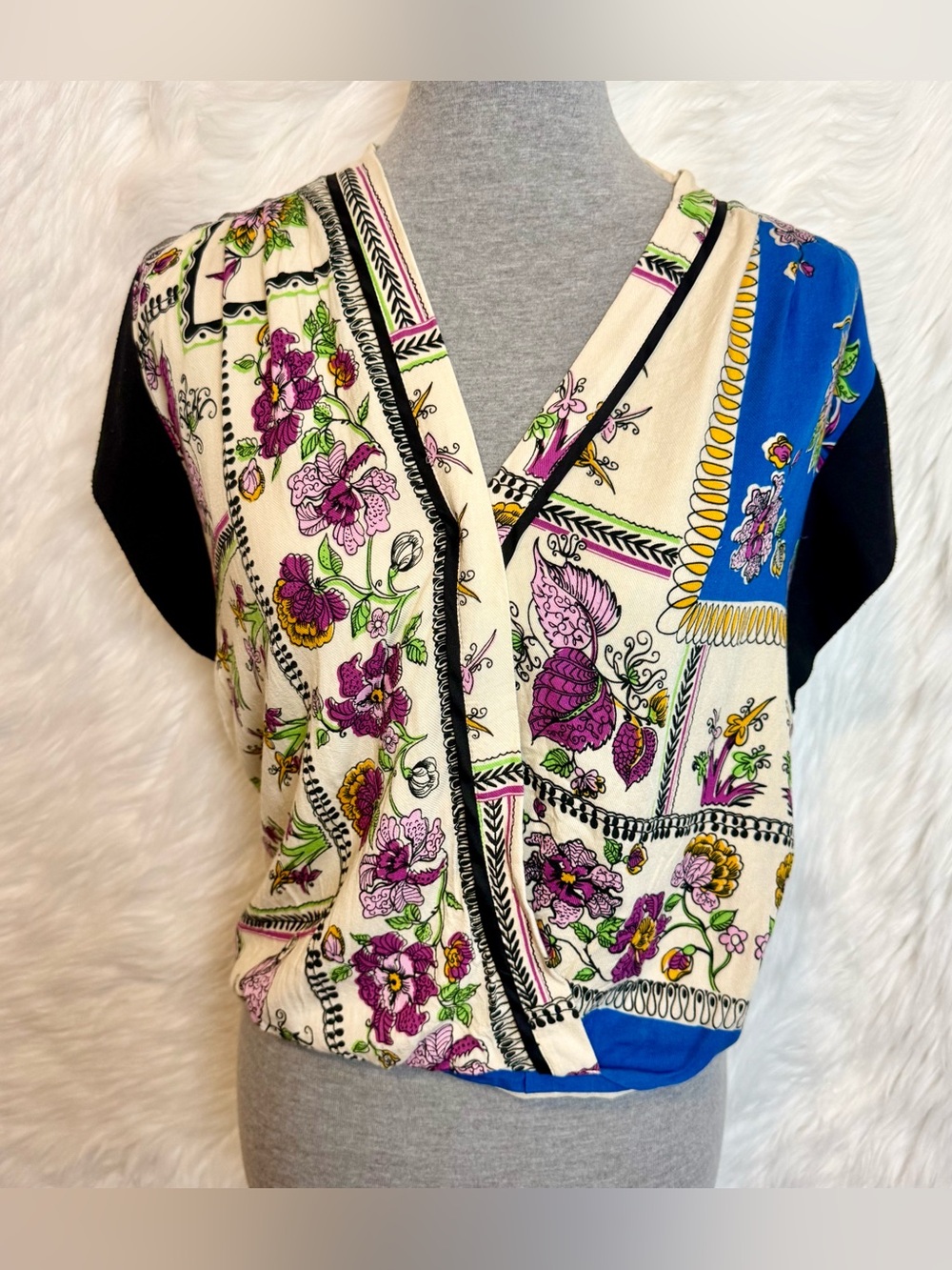 TINY Anthropologie Floral Boho Blouson V Neck Top Oversized Dolman Sleeve